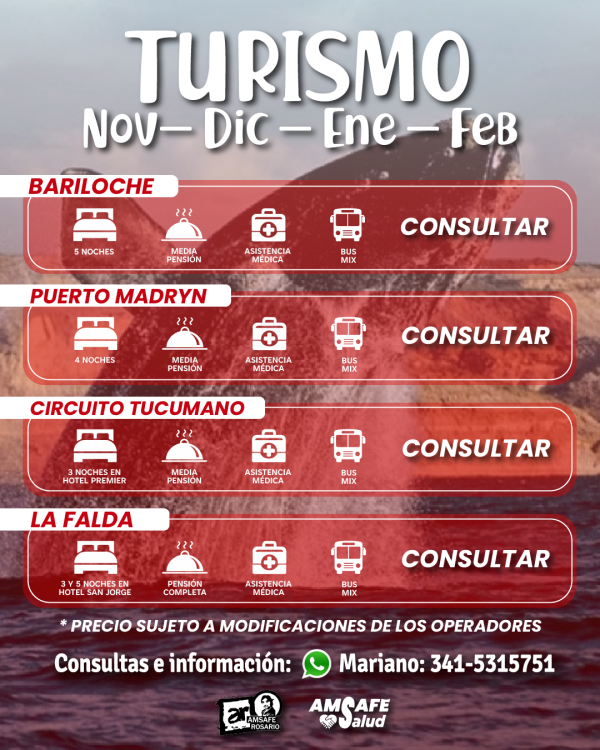 Turismo de Noviembre a Febrero con Amsafe Rosario