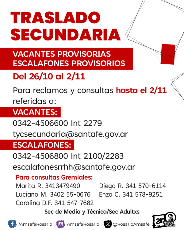 TRASLADO SECUNDARIA: VACANTES PROVISORIAS ESCALAFONES PROVISORIOS