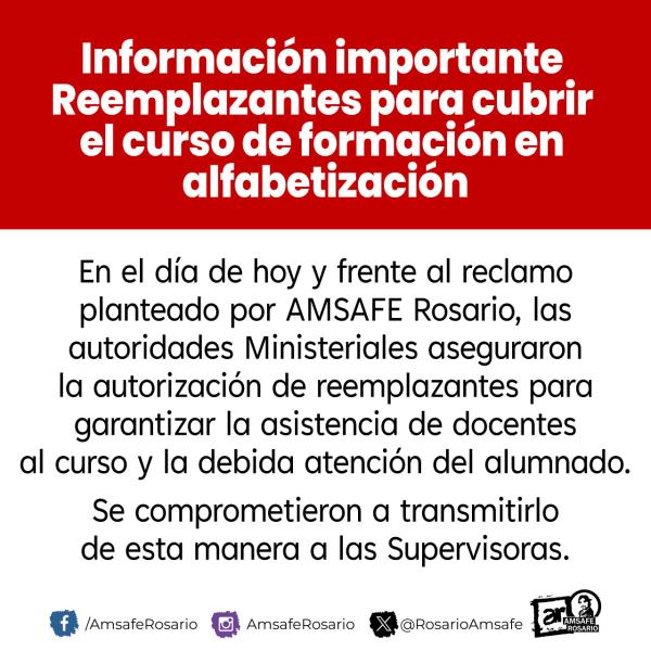 Información importante: Reemplazantes para cubrir el curso de formación en alfabetización