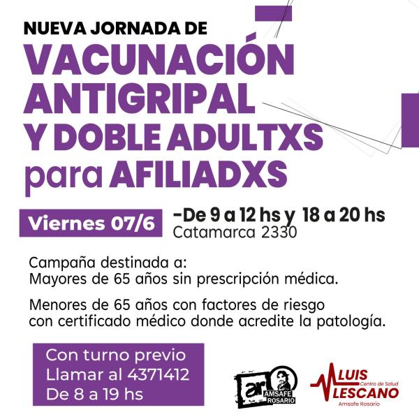 Nueva jornada de Vacunación Antigripal y Doble Adultxs para afiliadxs
