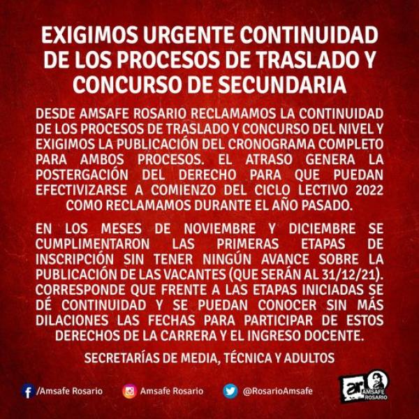 Exigimos urgente continuidad de los procesos de traslado y concurso de Secundaria