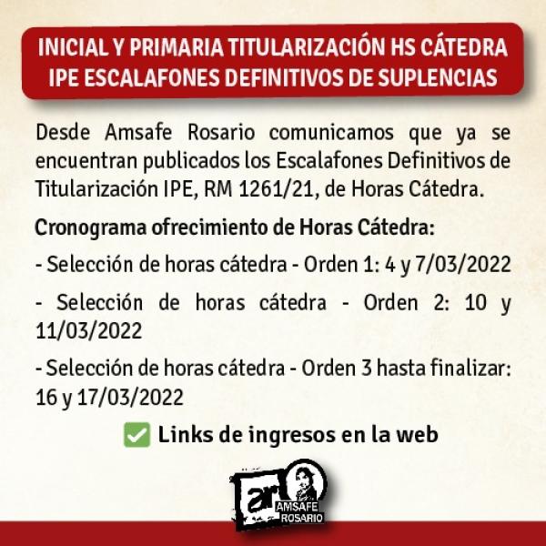 Inicial y Primaria Titularización HS Cátedra / IPE Escalafones Definitivos de Suplencias