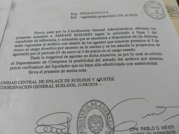 Respuesta del Ministerio por la deuda en el cobro del aguinaldo de lxs compañerxs que ascendieron en marzo