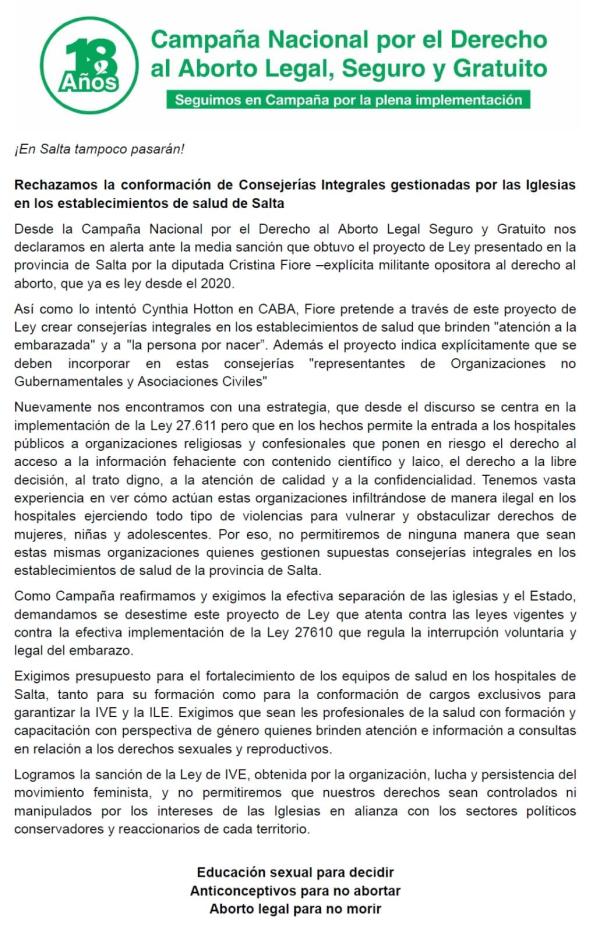 Rechazo el proyecto de ley que propone la conformación de consejerías que buscan obstaculizar el acceso al aborto como un derecho en la provincia de Salta