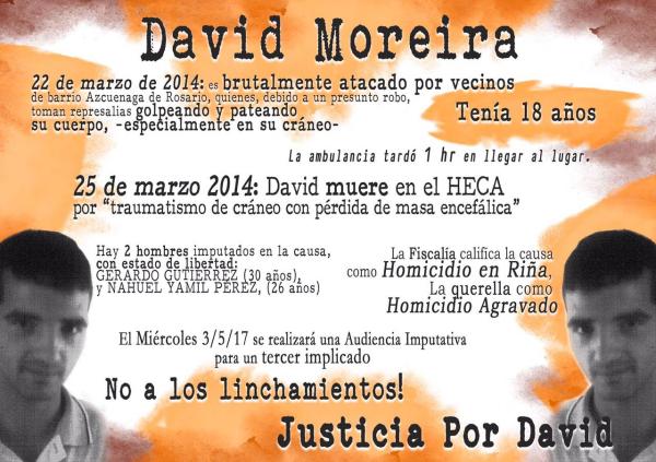 Justicia por David Moreira. Convocamos a la audiencia que se postergó para el viernes a las 14