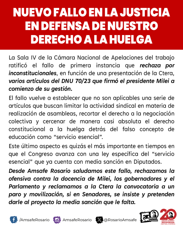 Nuevo fallo en la Justicia en defensa de nuestro derecho a la huelga