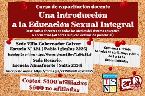 [AGOTADO] "Introducción a la Educación Sexual Integral" curso de capacitación docente en Rosario y VGG. 