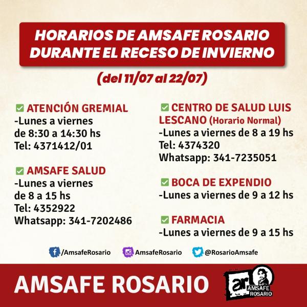 Horarios de Amsafe Rosario durante el Receso de Invierno.