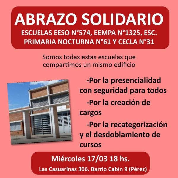 Abrazo Solidario Escuelas EESO N°574, EEMPA N°1325, ESC. Primaria Nocturna N°61 Y CECLA N°31 