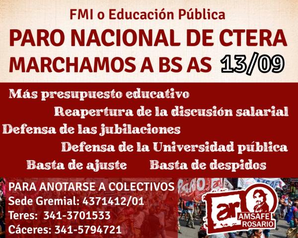 13/9: PARO NACIONAL DE CTERA Y MOVILIZACIÓN A BS AS