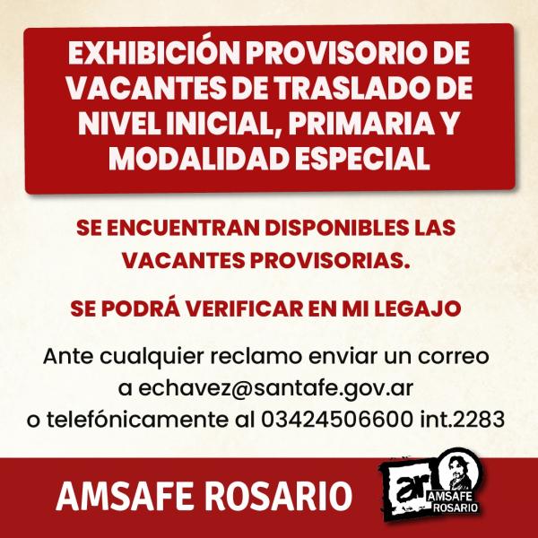 Exhibición provisoria de vacantes de traslado de Nivel Inicial, Primaria y Modalidad Especial