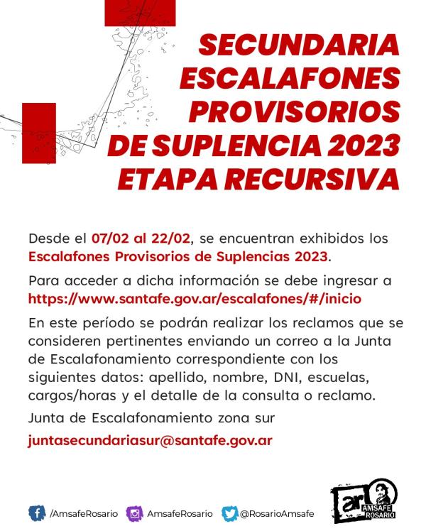 Secundaria. Escalafones provisorios de suplencia 2023/ Etapa recursiva 