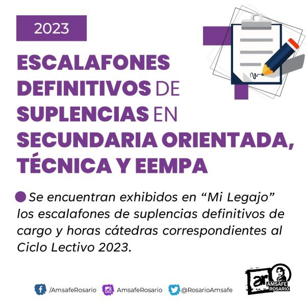 Escalafones definitivos de suplencias en Secundaria Orientada, técnica y EEMPA