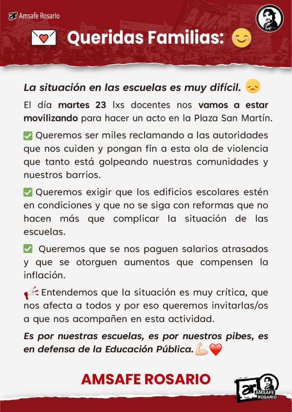 Queridas familias: La situación en las escuelas es muy difícil.