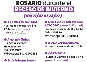 HORARIOS de AMSAFE ROSARIO durante el RECESO DE INVIERNO (del 17/07 al 28/07)