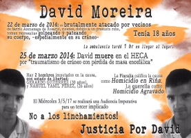 Justicia por David Moreira. Convocamos a la audiencia que se postergó para el viernes a las 14