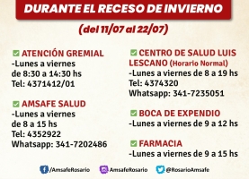 Horarios de Amsafe Rosario durante el Receso de Invierno.