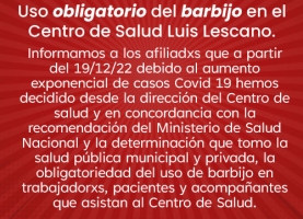 Uso obligatorio del barbijo en el Centro de Salud Luis Lescano