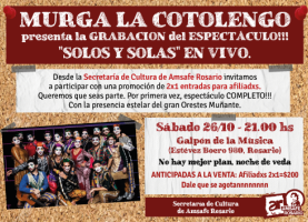 Invitamos a la presentación y grabación en vivo de la Murga La Cotolengo