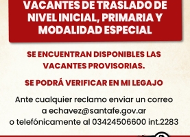 Exhibición provisoria de vacantes de traslado de Nivel Inicial, Primaria y Modalidad Especial