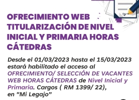 Titularizaciones Nivel Inicial y Primaria: Ofrecimiento web de horas cátedras
